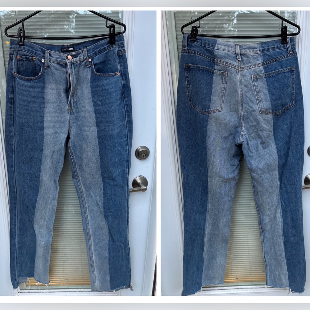 Fashion Nova Jeans Sz 12/13 High Rise Two Tone Stretch Denim Raw Hem 31” Inseam